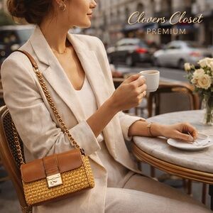 Michael Kors Straw Caramel Leather Turn Lock Bag Gold Chain Resort Handbag